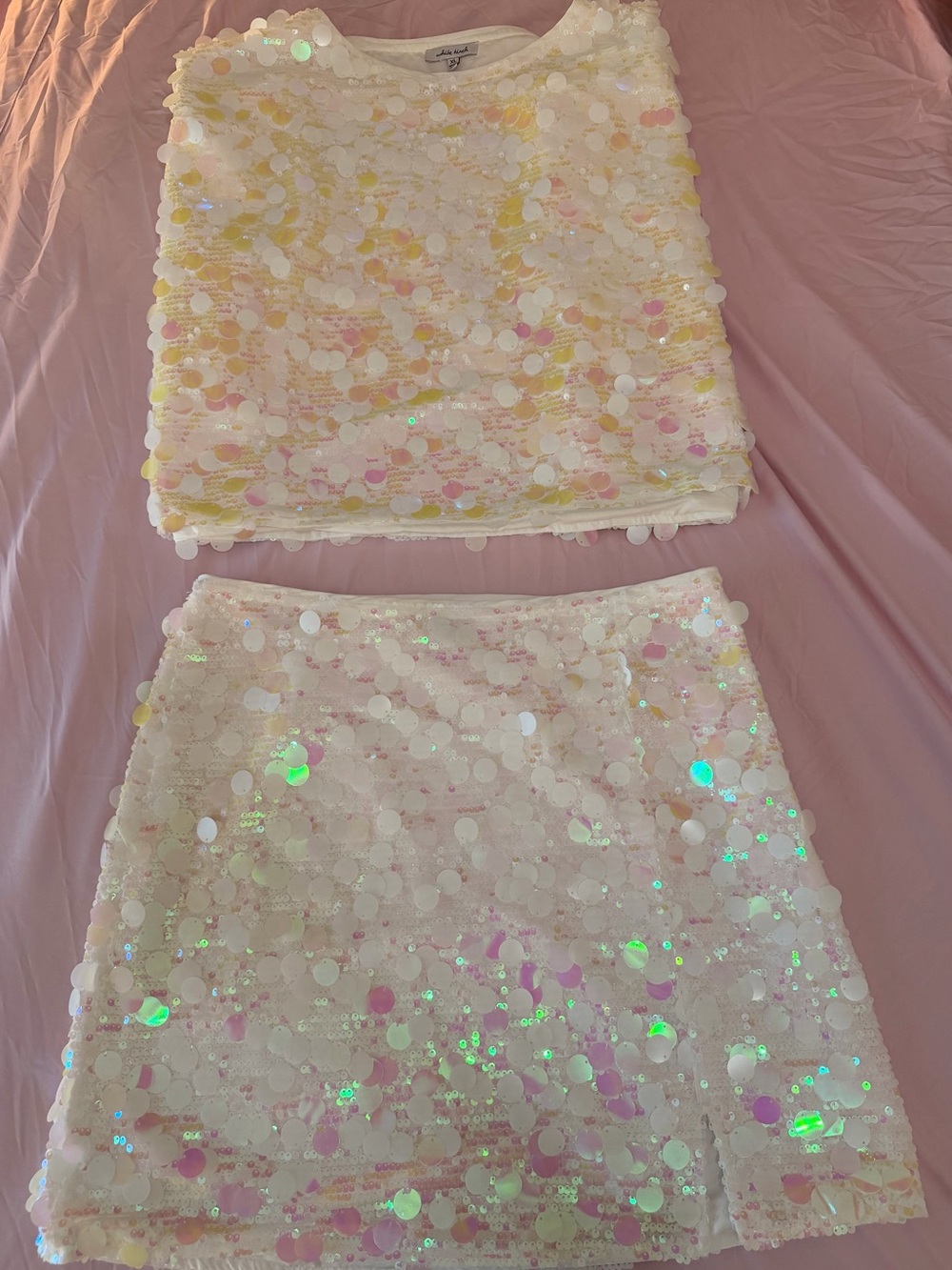 white birch Iridescent Sequin Mini Skirt Set in White